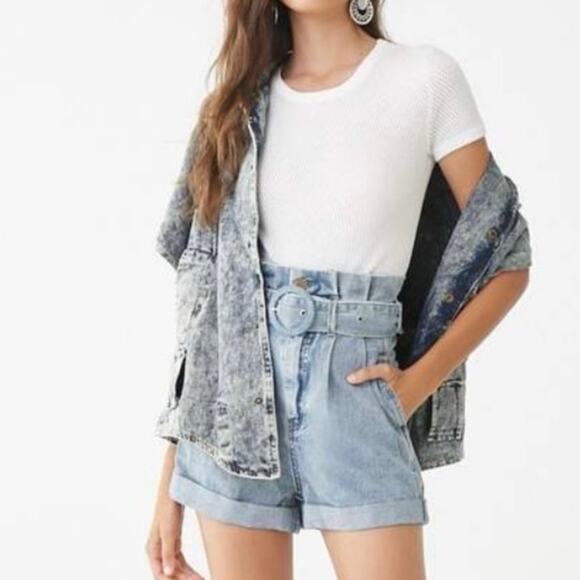 Forever 21 Y2K 90s Size XS High Waisted Belted Paper Bag Denim Jean Shorts - Picture 4 of 13